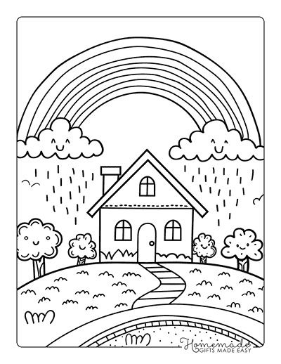 Rainbow Coloring Pages Rainbow Over House Doodle Coloring Pages Rainbow, Free Printable Rainbow, Kids Colouring Printables, Rainy Day Pictures, House Doodle, House Colouring Pages, Kid Coloring Page, Spring Coloring Pages, Free Coloring Sheets