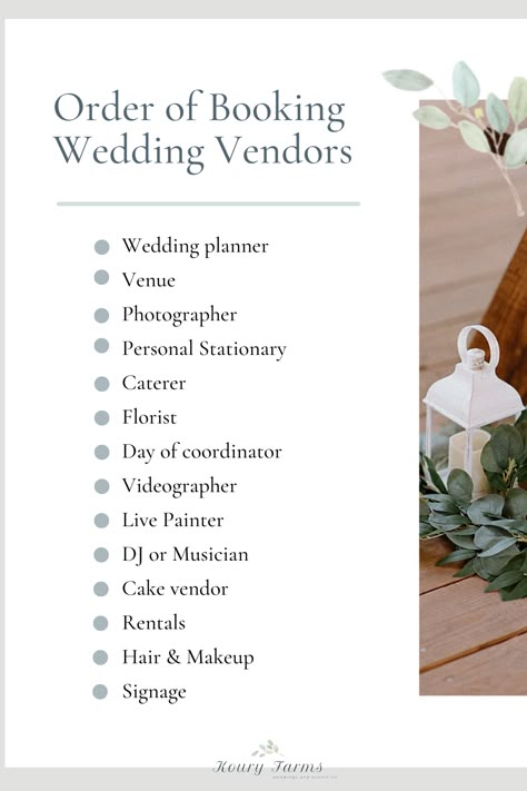 Wedding Vendor Checklist | Here is a helpful checklist of the order of booking your wedding vendors. We hope this helps you when planning your wedding! Wedding Planning Vendor Checklist, Wedding Vendor Booking Timeline, Vendors For Wedding Checklist, Vendor Checklist Wedding, List Of Wedding Vendors Needed, Order Of Wedding Planning, Wedding Vendor Checklist, Gala Checklist, Wedding Vendor Ideas