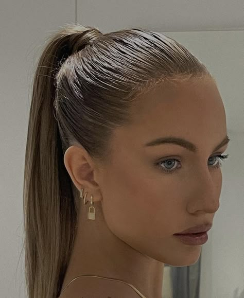 Slick Back Ponytail Blonde Hair, Slick Back Low Ponytail Natural Hair, Blonde Slick Back Ponytail, Slick Hairstyles Ponytail, Ponytail Hairstyles Aesthetic, Hairstyles Slick Back Ponytail, Wet Ponytail, Gel Ponytail, Slick Ponytail Hairstyles