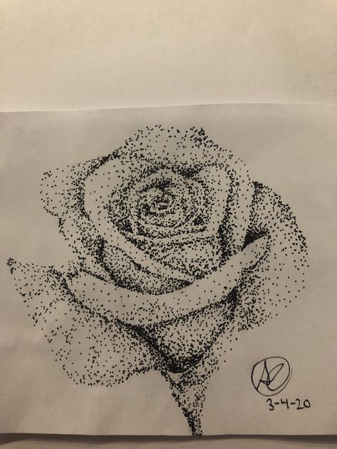 Stippling Art Easy For Beginners, Stippling Art Easy, Flower Stippling, Rose With Water Drops Drawing, Simple Stippling Drawing, Rose Pointillism, Stippling Botanical Art, Drawing Of A Rose, Stippling Drawing