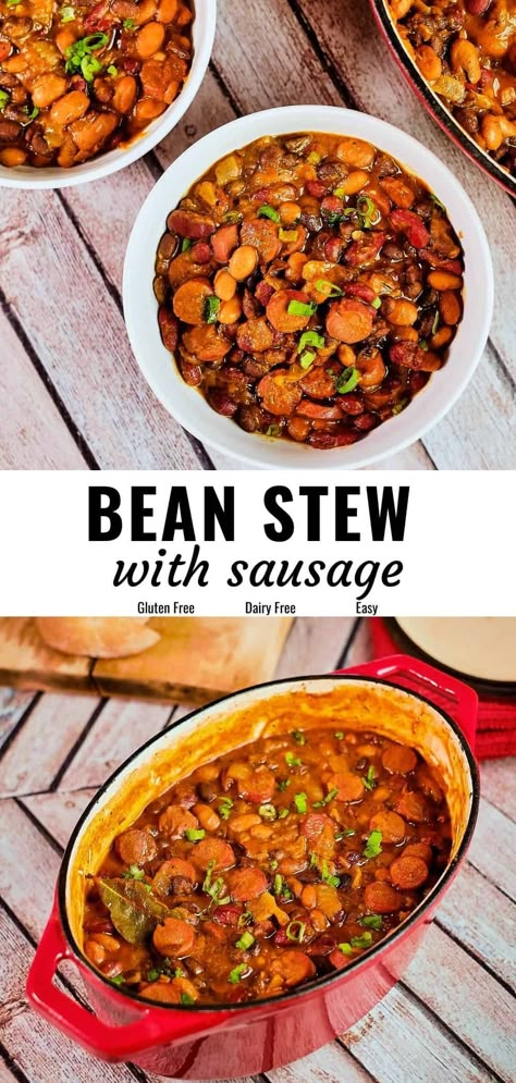 Bean Stew Crockpot, Sausage And Bean Stew, Crockpot Beans And Sausage, Smoked Sausage Stew, 6 Bean Medley Recipes, Bean And Sausage Recipes, Bean Medley Recipes, Sausage And Beans Recipes, Sausage Stew Recipes