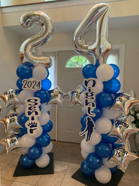 Volleyball Senior Night Balloons, Senior Night Backdrop Ideas, Volleyball Balloon Columns, Senior Night Ideas Swimming, Senior Night Gym Decorations Volleyball, Homecoming Field Decorations, Senior Night Balloon Ideas, Senior Night Basketball Decorations, Senior Night Balloon Arch