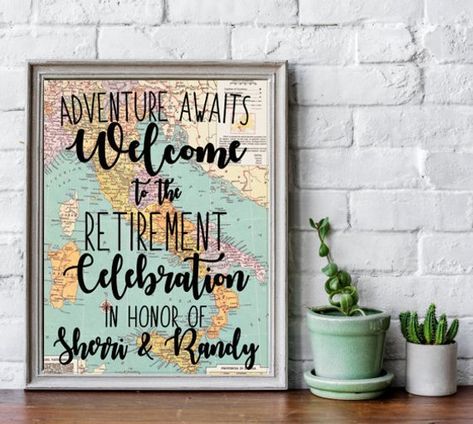 Check out this item in my Etsy shop https://www.etsy.com/ca/listing/690126443/pdf-travel-theme-retirement-printable Retirement Travel Theme, Travel Retirement Party, Theme Retirement Party, Adventure Party Theme, Retirement Party Sign, Travel Theme Party, Navy Retirement, Retirement Decorations, Map Signs