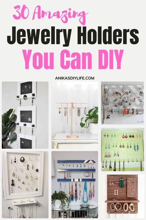 Organize your jewelry with these easy DIY jewelry holders. Make your own to hang on the wall or sit on a dresser. Easy beginner projects with tutorials. #anikasdiylife Jewelry Organizer Craft, Necklace Diy Organizer, Holder For Earrings, Diy Wooden Jewelry Display, Necklace And Earring Holder, Diy Jewelry Holder Wall Organizers Necklace Storage, Diy Dangle Earring Holder, Small Jewelry Organizer, How To Make A Jewelry Holder