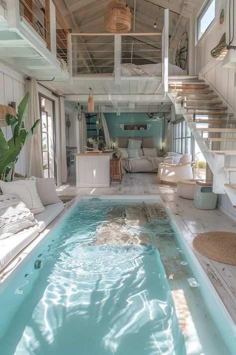 Tiny house 01 Pool House Aesthetic, Tropical Beach House Design, Tiny Beach House Interior, Tiny House Aesthetic, Small Beach House Interior, Small Beach House, Beachside House, Compact Room, Beach Tiny House