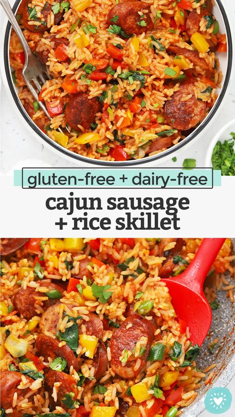 Cajun Sausage And Rice Skillet, Cajun Sausage And Rice, Sausage And Rice Skillet, Gluten Free Dairy Free Recipes Dinner, Easy One Pan Dinner, Gluten Free Dairy Free Dinner, Sausage And Rice, Gf Dinner, Cajun Sausage