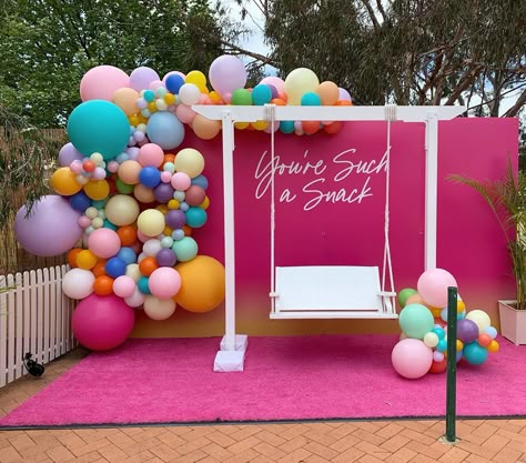 PARTIES MADE PRETTY’s Instagram profile post: “YOU’RE SUCH A SNACK @snackperth 🌈🌈🌈❤️🧡💛💚💙💗💜🎉” Birthday Rental Ideas, Selfie Museum Ideas, Kids Events Ideas, Table Tricks, Business Balloons, Rainbow Birthday Theme, Birthday Photobooth, Party Rental Ideas, Garland Balloon