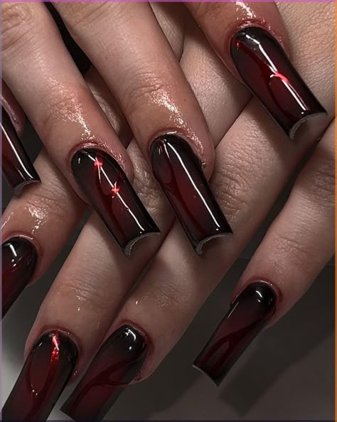 black and red nails ideas Red Chrome On Black Nails, Cute Nails Red And Black, Red Vampy Nails, Black Nails With Red Chrome, Red And Black Chrome Nails, Red Gothic Nails, Black And Red Nail Designs, Halloween Nails Red, Nails Black And Red