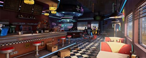 ArtStation - Diner 50', Stanislav Vovchuk Retro Diner Kitchen, Style Coffee Bar, Scifi Aesthetic, Diner Kitchen, Diner Aesthetic, Sci Fi Aesthetic, Sci Fi Environment, Cycle Car, Retro Diner