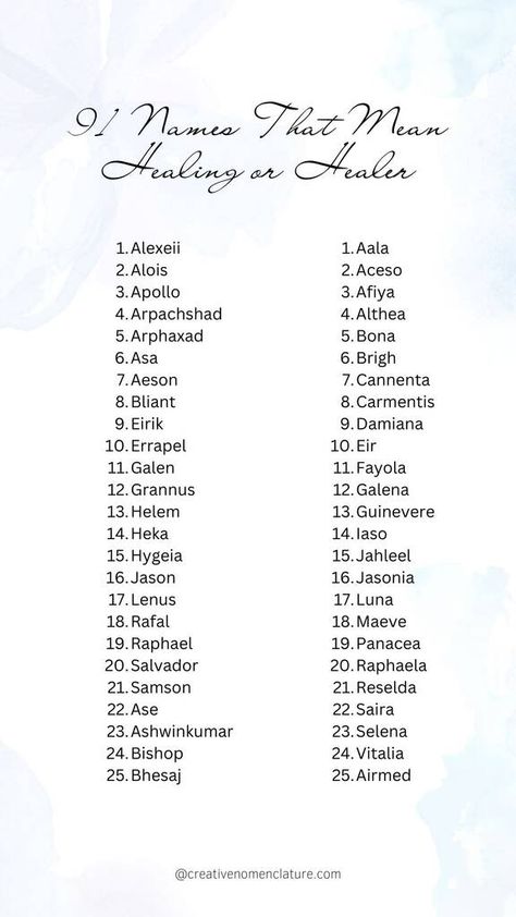 91 Names That Mean Healing or Healer - Creative Nomenclature Names Meaning Healing, Names Meaning Healer, Healer Names, Swahili Names, Norse Names, Celtic Name, Egyptian Names, Sanskrit Names, Middle Names For Girls