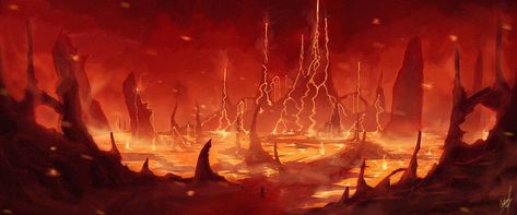 Fire Landscape Fantasy Art, Fantasy Lava Landscape, Hell Concept Art, Hell Landscape, Red Environment, Fire Landscape, Demon Realm, Fire Background, Fantasy Demon