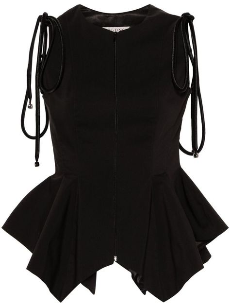 Tailored Tops, Peplum Top Outfits, Taffeta Top, Belted Top, Peplum Shirt, Peplum Tops, Asymmetric Top, Collared Top, Black Sleeveless Top