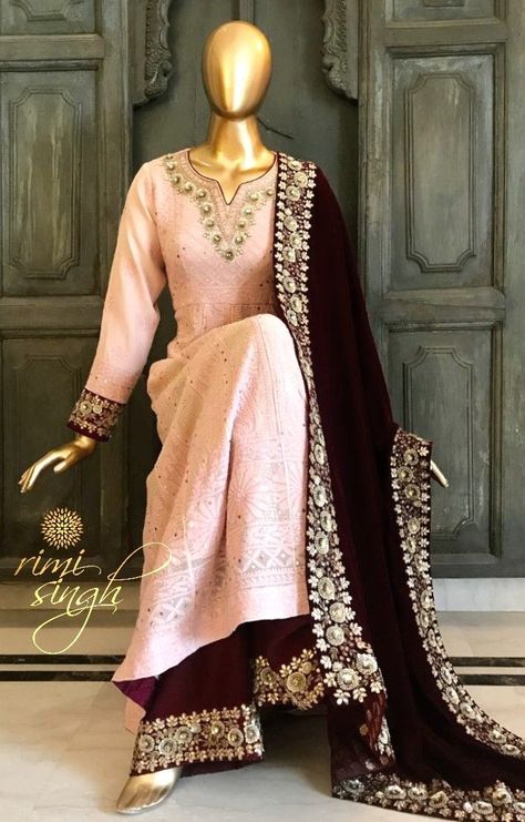 Georgette Plazo Suit Design, Velvet Dupatta Suits, Suit With Velvet Dupatta, Maroon Dupatta, Velvet Dupatta, Mukaish Work, Georgette Anarkali, Sewing Patterns For Women, Trendy Embroidery