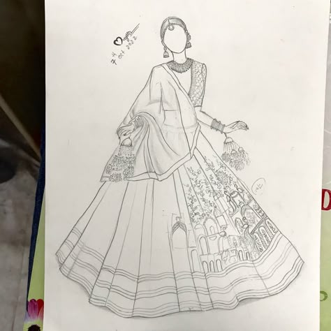 Bridal Drawing Indian Sketch, Lehenga Sketches, Lehenga Illustration Sketch, Lehenga Drawing Sketches, Dress Illustration Design, Fashion Design Books, Mughal Art Paintings, Fashion Illustration Collage, Boho Art Drawings