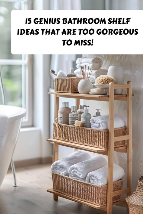 Maximize your bathroom space with style! 🛁✨ These 15 genius bathroom shelf ideas add both storage and beauty. Perfect for keeping your essentials organized and chic! #BathroomShelf #StorageIdeas #HomeDecor Bathroom Bookshelf Storage, Bamboo Bathroom Shelf, Bathroom Bookshelf, Bathroom Shelf Ideas, Bathroom Storage Hacks, Clear Bins, Bath Shelf, Industrial Pipe Shelves, Colorful Storage