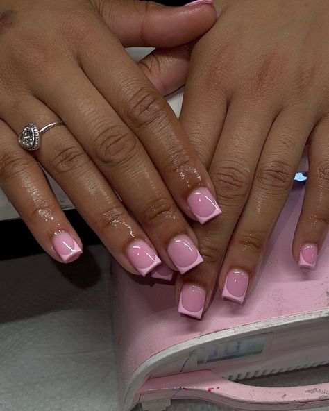 Ask for “pink on pink” 🩷 ( BOOK UNDER CURRENT SALE ) IG: @glamgrippers COLORS WERE CUSTOM MADE BY ME IM ALWAYS ACCEPTING NEW CLIENTS! … | Instagram Short Soft Pink Nails Designs, Very Short French Tip Acrylic Nails, French Tip Simple Design, Senior Year Nails Ideas, Natural Pink French Tip Nails, Pink Fresh Tip Nails, Shorties Nails Simple, Simple Short Square Nail Ideas, Hairstylist Nails Ideas