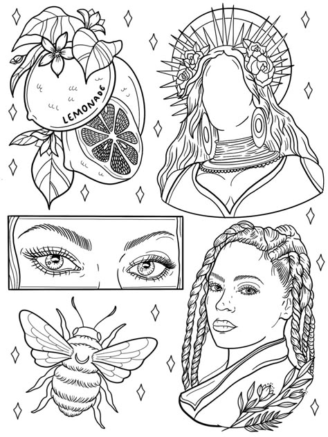 Beyonce Coloring Pages, Cat Kingston Tattoo, Bratz Coloring Pages Aesthetic, Indie Coloring Pages, Grunge Coloring Pages, Cat Kingston, Kingston Tattoo, Aesthetic Coloring Pages Free Printable, Tattoo Coloring Pages