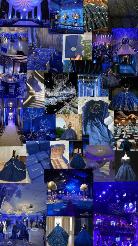 Navy Blue Quinceanera Ideas Table, Dark Blue And Silver Quinceanera Theme, Navy Blue Debut Theme, Navy Blue Venue Quince, Quince Decorations Dark Blue, Arabian Nights Quinceanera Theme, Dark Blue Sweet 16 Decorations, Royal Blue And Gold Sweet 16, Quince Inspo Decor