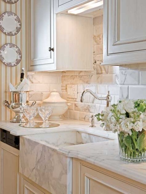 A marble farmhouse-style sink and subway tiles with beveled edges give a small kitchen a serious WOW factor Kitchen Remodel Inspiration, Marble Counter, Farm Sink, Kitchen Marble, Dream Kitchens, Farmhouse Sink, Kitchen Remodel Idea, Counter Tops, White Cabinets