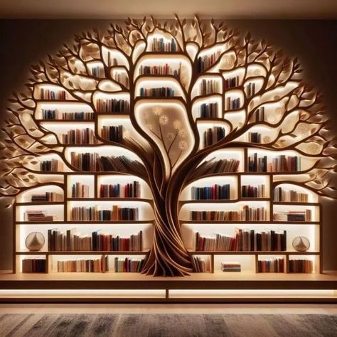 Library Tree Ideas, Bookshelf Interior Design, Interior Tree Design, Bedroom Ideas With Books, Book Shelf Design Ideas, Books Shelf Ideas, Library In Bedroom, Book Tree Shelf, House Library Ideas