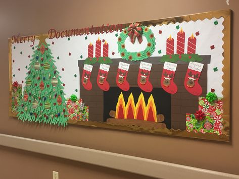 Christmas Board Decoration, Christmas Tree Fireplace, Holiday Bulletin Boards, Christmas Bulletin Boards, Classroom Christmas Decorations, Christmas Tree And Fireplace, Christmas Door Decorating Contest, Christmas Classroom Door, Fireplace Stockings