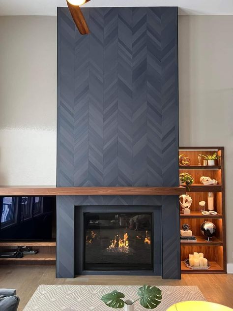 Updated Electric Fireplace Ideas, Black Wall Paneling Fireplace, Modern Dark Fireplace, Herring Bone Fireplace Wall, Black Herringbone Tile Fireplace, Fireplace Ideas Contemporary, Fireplace Blue Tile, Fireplace Tile Ideas Floor To Ceiling, Pop Out Tv Wall