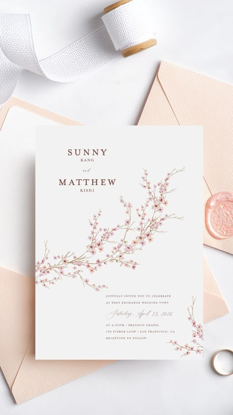 Japanese cherry blossom inspired elegant pink floral wedding invitations that are perfect for a spring garden wedding. Japanese Invitation Design, Romantic Wedding Invitations Elegant, Digital Invitations Wedding Design, Japanese Wedding Invitation, Spring Wedding Invitations Elegant, Wedding Invitation Posters, Sakura Wedding, Cherry Blossom Wedding Invitations, Engagement Invitation Cards