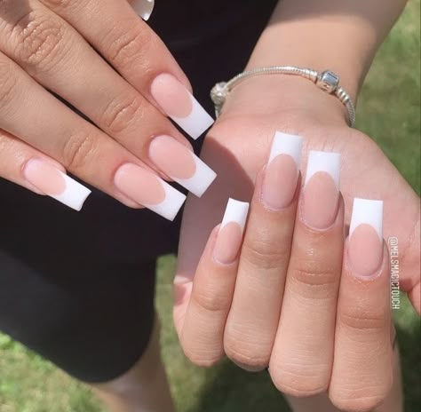 Simple White Coffin Acrylic Nails, Classic White French Nails, White French Tip Nails Matte, Nail Ideas Medium Length French Tip, Normal French Tip Nails, Medium Length White French Tip Nails, French Nails White Classic, Medium Coffin French Tip Nails, Thick French Tip