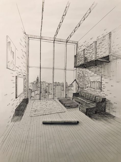 Nyc Loft, Drawing Architecture, Perspective Drawing Architecture, Perspective Drawing, Architecture Sketch, To Draw, Loft, Sketch, Architecture