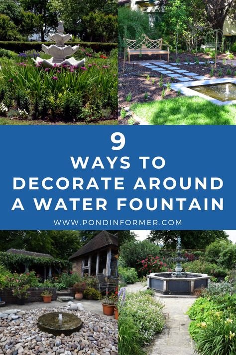 Landscape Fountain Ideas Front Yards, Flower Bed With Water Fountain Garden Ideas, Fountain On Deck, Fountain Garden Landscaping, Gardens With Fountains Landscaping, Water Fountain Flower Bed, Front Yard With Fountain Ideas, Outdoor Water Features Landscaping Fountain Ideas, Garden With Fountain Ideas