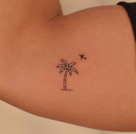 Palm Tree And Airplane Tattoo, California Fine Line Tattoo, Mini Hawaiian Tattoos, Beach Vacation Tattoo, Cute Florida Tattoos, Holiday Tattoo Ideas Summer, Beach Bum Tattoo, Beach Foot Tattoo, Coconut Tattoo Minimalist