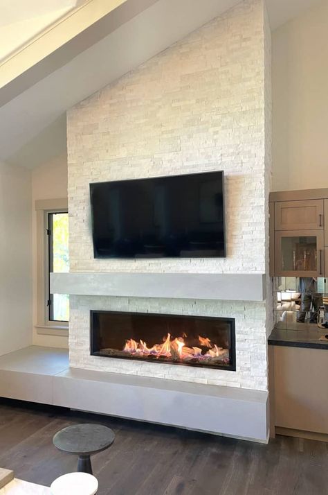 Gilded-Frost-Ledgestone-FireplaceWEB Ledgestone Fireplace, Black Hearth, White Stone Fireplaces, Stone Veneer Fireplace, Stone Fireplace Designs, Stone Fireplace Wall, Fireplace Feature Wall, Fall Fireplace Decor, Family Room Remodel