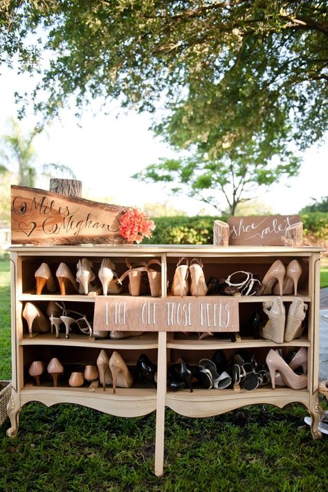 Such a great idea- a shoe valet at your wedding!! Great for guests who want to kick off their shoes! Photo by Sarah & Ben, see more: http://theeverylastdetail.com/whimsical-romantic-garden-wedding/ Funny Vine, Rustic Wedding Decorations, Romantic Garden Wedding, Garden Wedding Decorations, בר מצווה, Future Wedding Plans, Cute Wedding Ideas, Romantic Garden, Wedding Guide