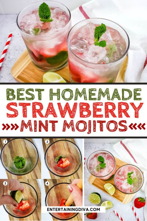 Strawberry Mint Mojito Recipe, Strawberry Mint Mojito, Mint Mojito Recipe, Best Jello Shot Recipes, Vodka Jello Shots, Strawberry Mojito Recipe, Mint Drink, Mint Cocktails, Mojito Mocktail