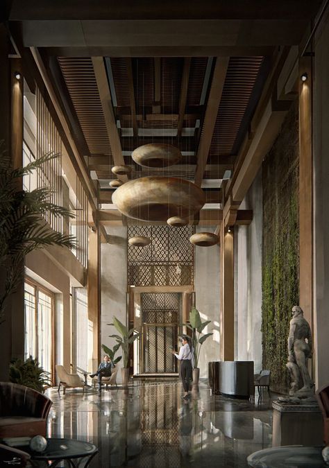 Luxury Hotel Lobby Lounge, Hotel Lobby Interior Design, Jungle Hotel, Lobby Designs, Hotel Signage, Luxury Hotels Lobby, Interior Hotel, Elevator Lobby, Hotel Lobby Design