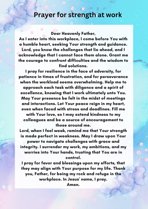 "Discover a powerful Christian prayer for strength at work. In the hustle of the workplace, seek divine guidance, resilience, and patience. Let this prayer be your source of inspiration as you face challenges with grace. 🙏✨ #ChristianPrayer #WorkplaceStrength #DivineGuidance" #ChristianPrayer #WorkplaceStrength #PrayerForGuidance #FaithAtWork #ResiliencePrayer #CourageousLiving #DivineIntervention #SpiritualEmpowerment #WorkplaceInspiration #ChristianLife #FaithJourney #EncouragementPrayer Prayers For Leadership, Prayers For Work Challenges, Prayer For Workplace Enemies, Prayers For Workplace, Prayer For Work Success, Workplace Prayer, Morning Prayer Before Work, Prayer For The Week, Employment Prayer