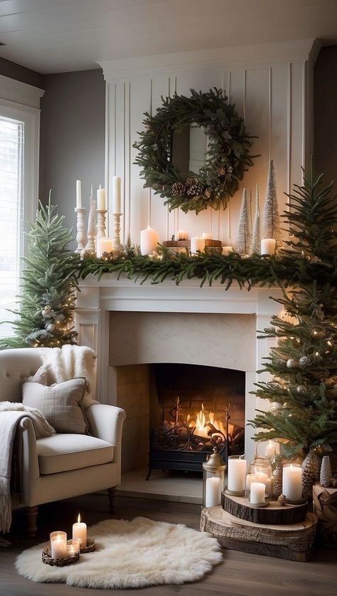 Candles By Fireplace, Christmas Decor Ideas For Fireplace Cozy, Christmas Mantel Decor With Candles, Mirror In Fireplace With Candles, Christmas Mantle Wreath, Candles On Mantel Ideas, Christmas Hearth Decor Mantle Ideas, 2024 Christmas Mantle, Rustic Christmas Fireplace Decor