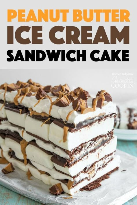 Peanut Butter Chocolate Ice Cream Cake, Frozen Peanut Butter Dessert, Reeses Dessert, Easy Ice Cream Sandwich Cake, Chocolate Ice Cream Sandwich, Peanut Butter Ice Cream Cake, Ice Cream Sandwich Cake Recipe, Ice Cream Sandwich Dessert, Fudge Peanut Butter