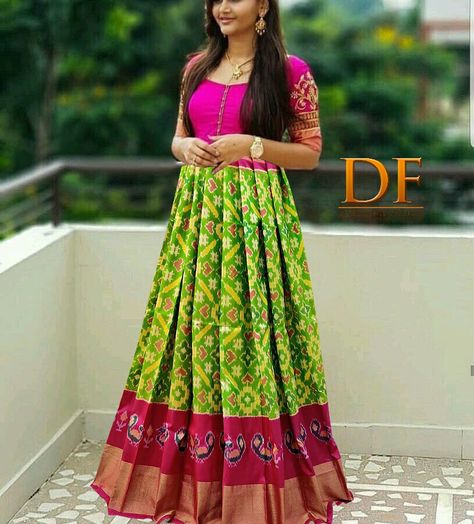 Pochampally Anarkali Dress, Ikkat Long Frocks Indian, Ikkat Gown Designs, Pochampally Long Frocks Designs, Patola Gown Designs, Dola Silk Long Frocks, Pochampally Long Frocks, Pochampally Dress Designs, Long Gown Designs Indian Simple