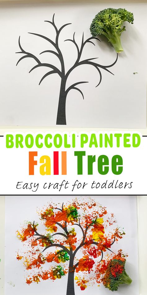 Broccoli Painted Fall Tree Craft with free printable - Happy Toddler Playtime Paint With Broccoli, Harvest Toddler Crafts, Painting With Broccoli, Fall Crafts Toddlers Easy, Fall Art For Toddlers November, Preschool Fall Tree Crafts, Fall Preschool Crafts Free Printable, November Toddler Activities, November Toddler Crafts