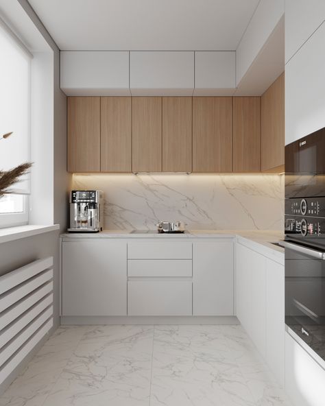 This is a kitchen with white bottom cabinets and light wood top cabinets. The backsplash is made of white marble tile that matches the floor. Warm Kitchen, Beige Kitchen, Rustic Modern Kitchen, Kitchen Interior Design Decor, Kitchen Interior Design Modern, Kitchen Design Plans, White Kitchen Design, House Design Kitchen, Kitchen Design Decor