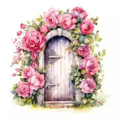 Premium AI Image | Fairy door with flowers watercolor clipart Fairy Door Watercolor, Fairy Door Drawing, Door Drawing Ideas, Painted Fairy Doors, Doors With Flowers, Door With Flowers, Fairy Door Ideas, Flower Fairy Art, Fairy Garden Drawing