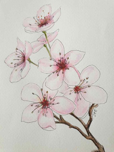 Cherry Blossom Drawing, Textile Art Quilt, Watercolor Painting Ideas, Branch Drawing, Blossom Watercolor, Tips For Painting, Cherry Blossom Watercolor, Cherry Blossom Painting, White Cherry Blossom