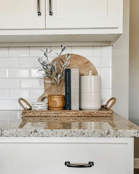 16 High Class Kitchen Counter Decor Ideas - Drop By My Home Big Countertop Kitchen Decor, Basket On Kitchen Counter, Styling A Countertop, Small Kitchen Farmhouse Decor, Styling A Kitchen Counter Corner, Countertop Olive Oil Display, Kitchen Counter Decor Cookbooks, Kitchen Counter Drop Zone, Black Counter Kitchen Decor