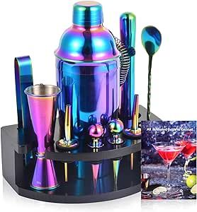 Amazon.com: Safring Bartender Kit with Stand, 12-Piece Bar Set | 24oz Cocktail Shaker Set for Drink Mixing, Martini Shaker Set with Bar Tools, Recipes Booklet | Fun Housewarming Gift (Rainbow): Home & Kitchen Rainbow Cocktail, Bartender Kit, Martini Shaker, Ice Tongs, Cocktail Shaker Set, Best Housewarming Gifts, Bar Spoon, Cocktail Mixers, Cocktail Set