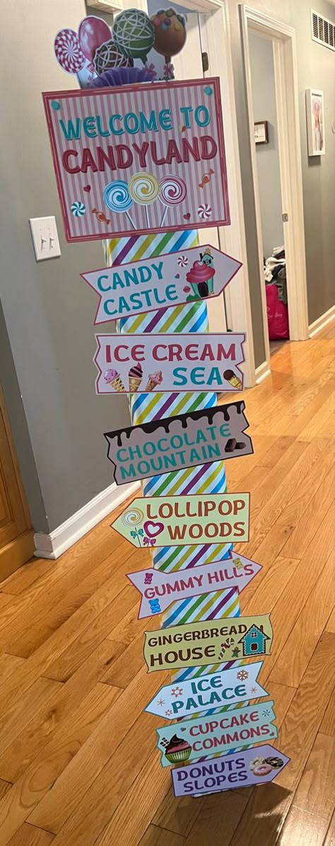 #VBS #TwistAndTurn #CandyLand Christmas Candy Land Bulletin Board, Candy Land Signs Diy, Candyland Bulletin Board Ideas Schools, Candy Theme Door Decoration, Candyland Signs Diy, Candyland Game Ideas, Candyland Photo Backdrop, Candyland School Hallway, Candy Classroom Door Ideas