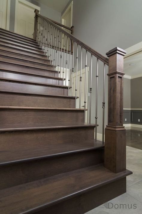 2a50e9c2d6b89b95bcb416d6857f8b45 Dark Wooden Staircase, Stained Staircase, Wooden Staircase Design, Staircase Design Ideas, Stairway Decorating, Stair Cases, Hardwood Stairs, Traditional Staircase, Handrail Design