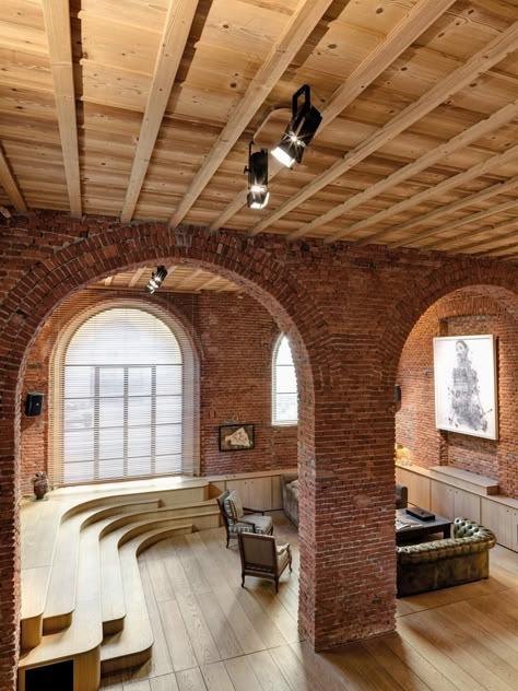 Brick Arch, Larch Wood, Loft Interior, Inspiring Interiors, Adaptive Reuse, Loft Design, Coffered Ceiling, Industrial Buildings, Contemporary Art Gallery