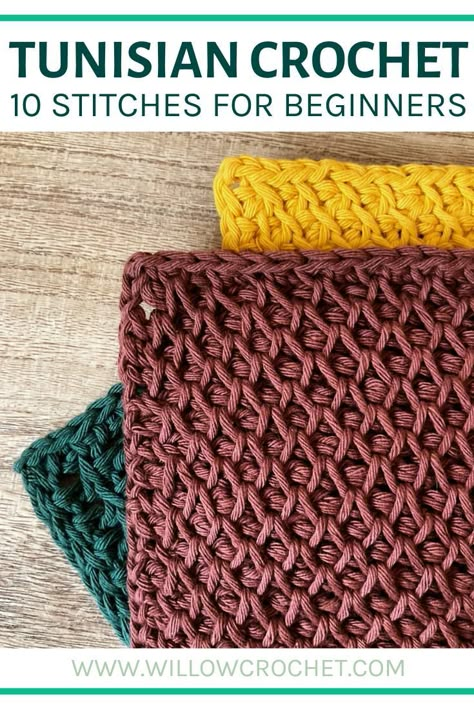 Learn about these 10 easy Tunisian Crochet stitches and watch video tutorials about how to do them. #crochet #tunisiancrochet #crochetstitiches Tunison Crochet Patterns, Tunisian Crochet For Beginners Tutorials, Tunisian Crochet Brioche Stitch, Learn How To Tunisian Crochet, Tunisian Simple Stitch Tutorials, Tunisian Crochet Scarf Pattern Free Stitches, Tunsinian Crochet Blanket, Tunisian Crochet Motifs, How To Start Tunisian Crochet