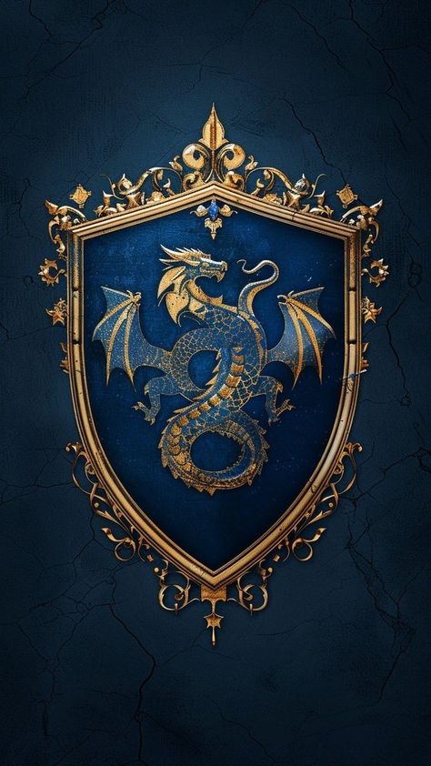 Coat Of Arms Dragon, Knight Aesthetic Blue, Gold Knight Aesthetic, Gold Dragon Art, Animal Knight, Fantasy Emblem, Dnd Wallpaper, Knight Crest, Dragon Heraldry